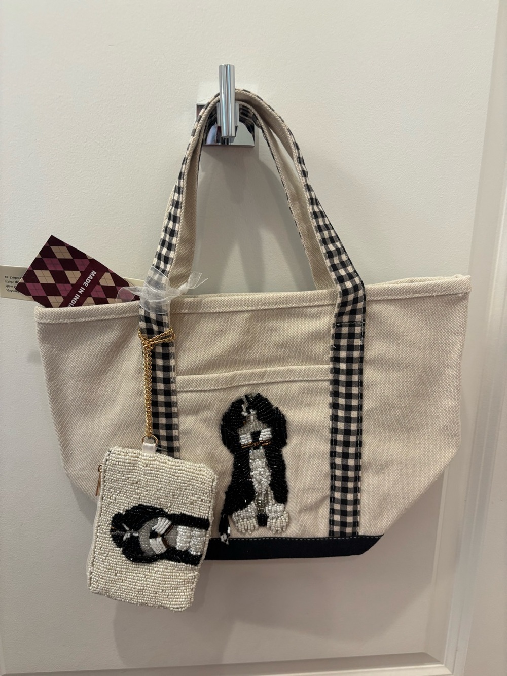 NWT Made in India Canvas Dog Applique Tote Bag with Beaded Coin Pouch